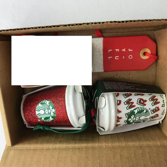 Starbucks Holiday Christmas Tree Ornaments Set 3 Joyful Glitter Merry